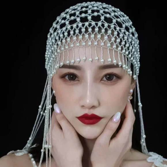 (ON SALE) Elegance Bridal Pearl Tassel Hat Hair wear Luxurious Forehead Drop - Picture 5 of 6